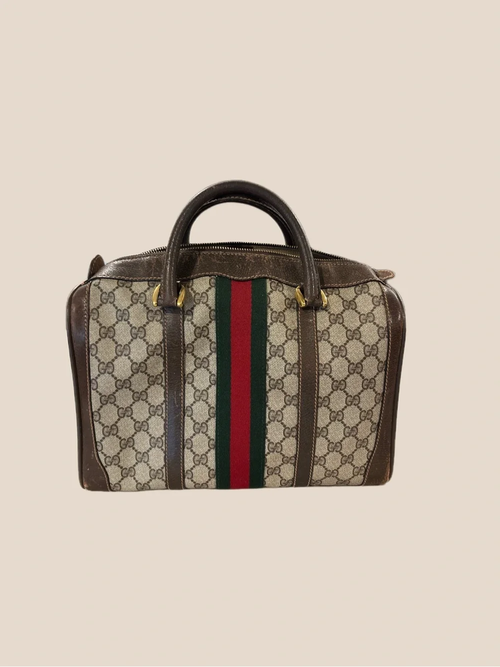 Gucci Brown GG Supreme Satchel with Green & Red Web Stripe